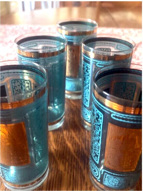 Probably Culver Other - Vintage Turquoise & Gold Aztec Tumblers – Set of 5, 12 oz | Mid-Century Barware